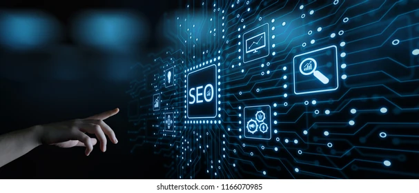 “Beginner learning SEO concepts with website analytics dashboard and search engine optimization icons showing digital marketing growth”